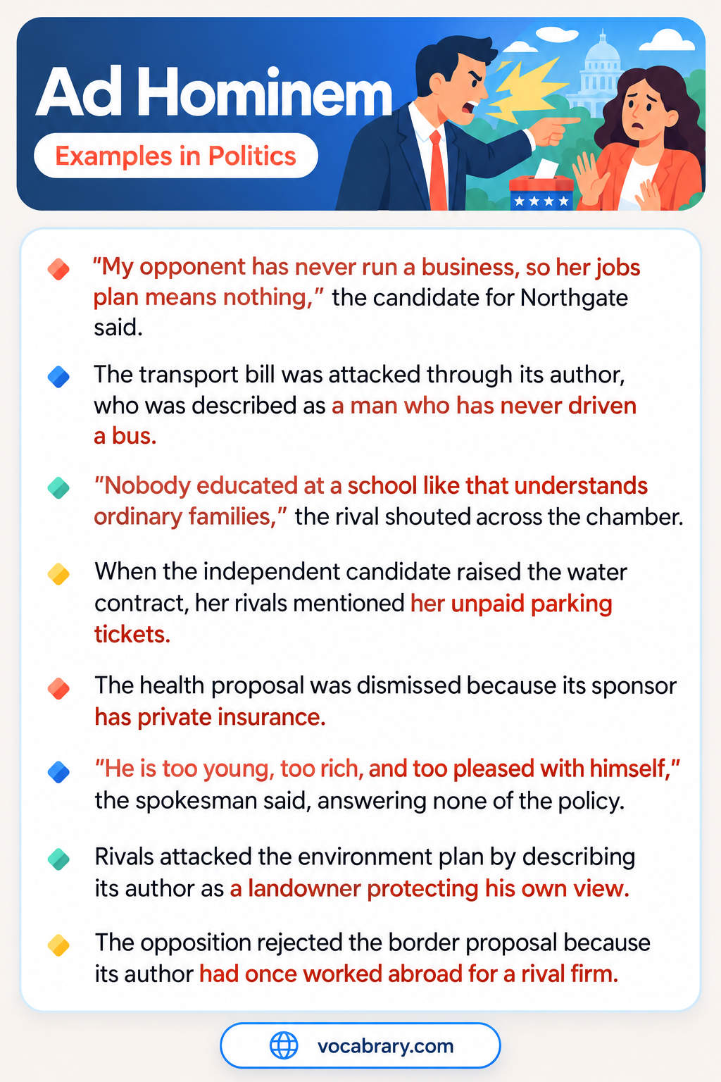Ad Hominem Examples in Politics with candidates attacking rivals, such as The health proposal was dismissed because its sponsor has private insurance