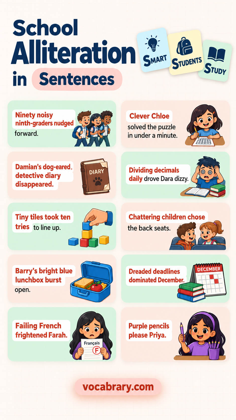 alliteration examples about school with alliterative phrase usage in sentences using Ninety noisy ninth-graders nudged, Clever Chloe and others