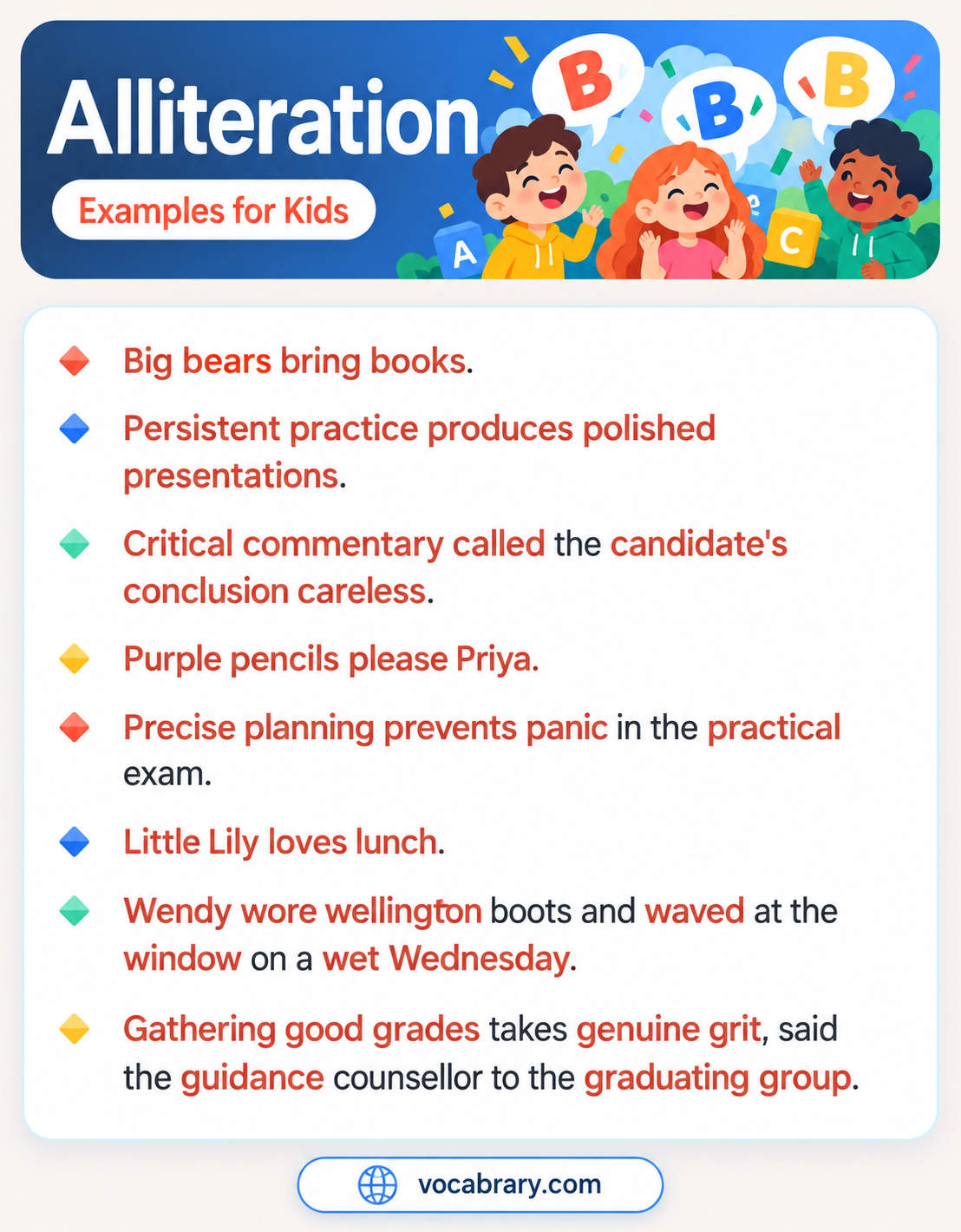 Alliteration Examples for Kids with repeated first letters in Big bears bring books, Purple pencils please Priya, and Little Lily loves lunch