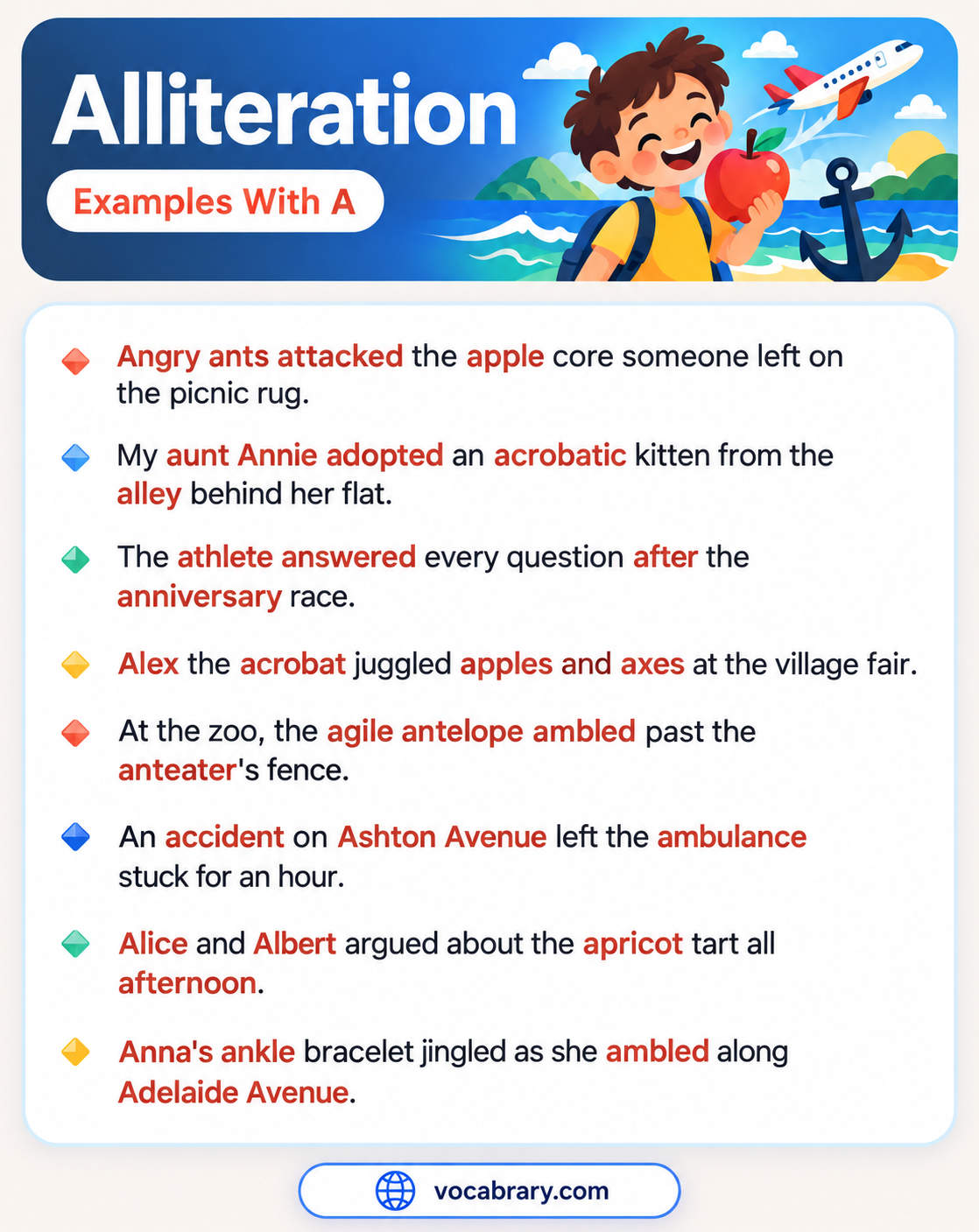 Alliteration Examples With A showing repeated A sounds in angry ants, aunt Annie, and an agile antelope at the zoo