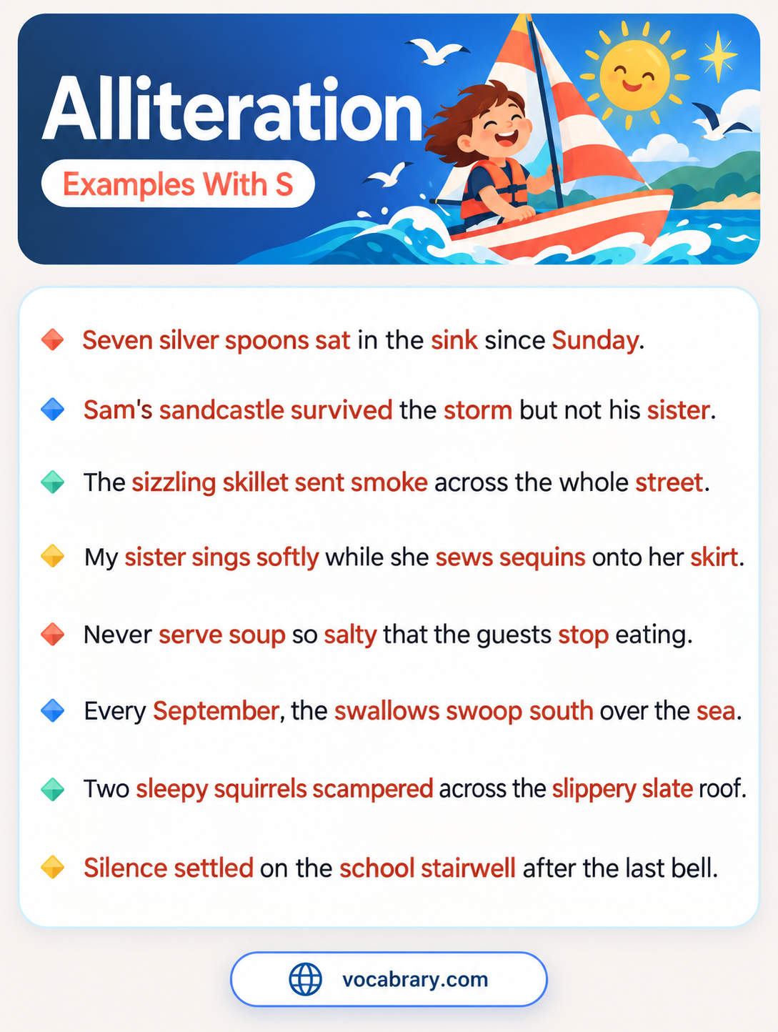 Alliteration Examples With S repeating the S sound in seven silver spoons, Sam's sandcastle, and the sizzling skillet