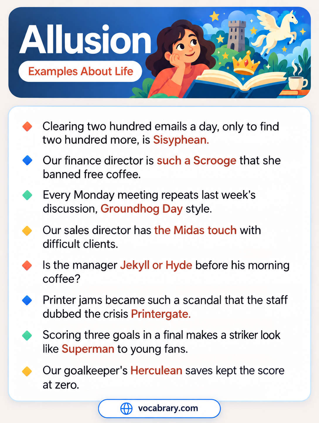 Allusion Examples About Life with office and football scenes, such as Our sales director has the Midas touch with difficult clients
