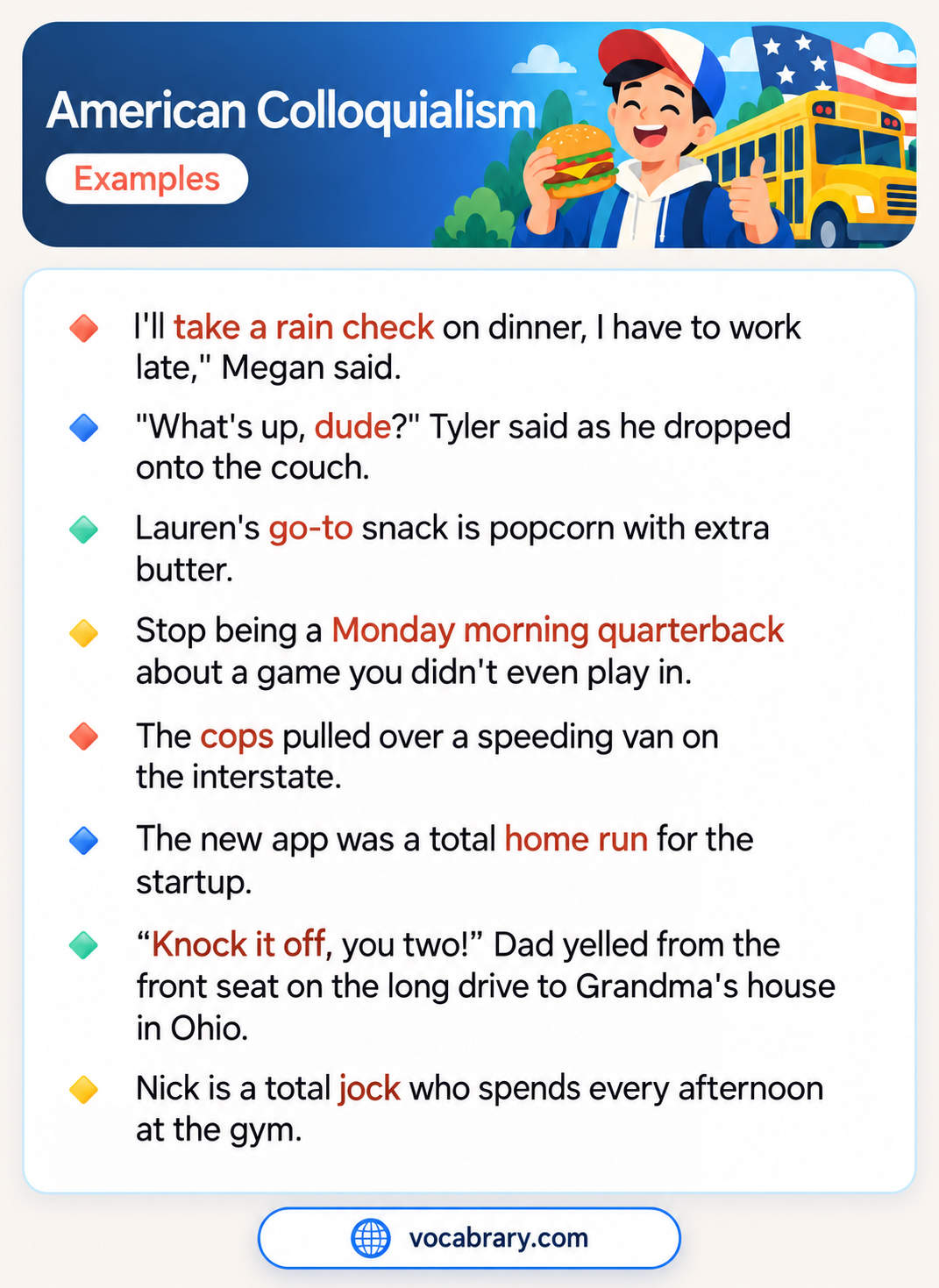American Colloquialism Examples with cops pulling over a speeding van, a go-to popcorn snack, and a new app called a home run