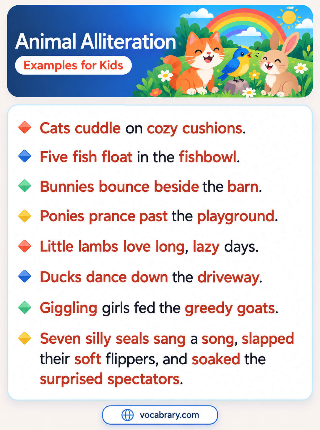 Animal Alliteration Examples for Kids with bunnies, ducks, and ponies sharing first letters, such as Ducks dance down the driveway