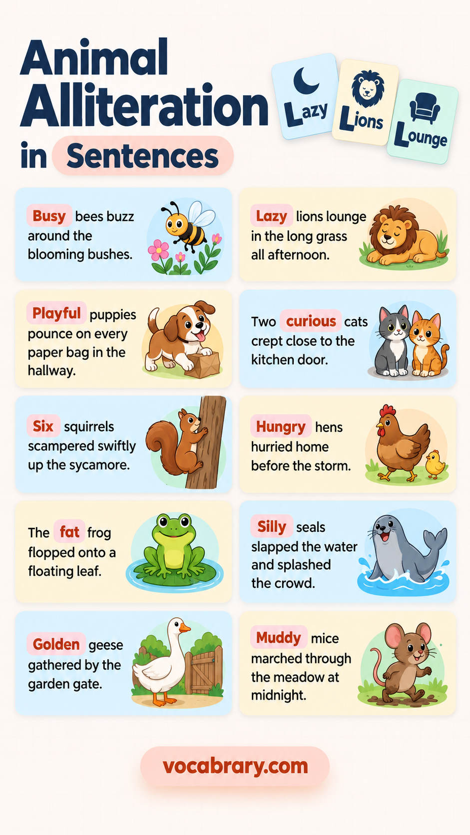 animal alliteration examples showing how to use each alliterative phrase with Busy, bees, buzz as examples