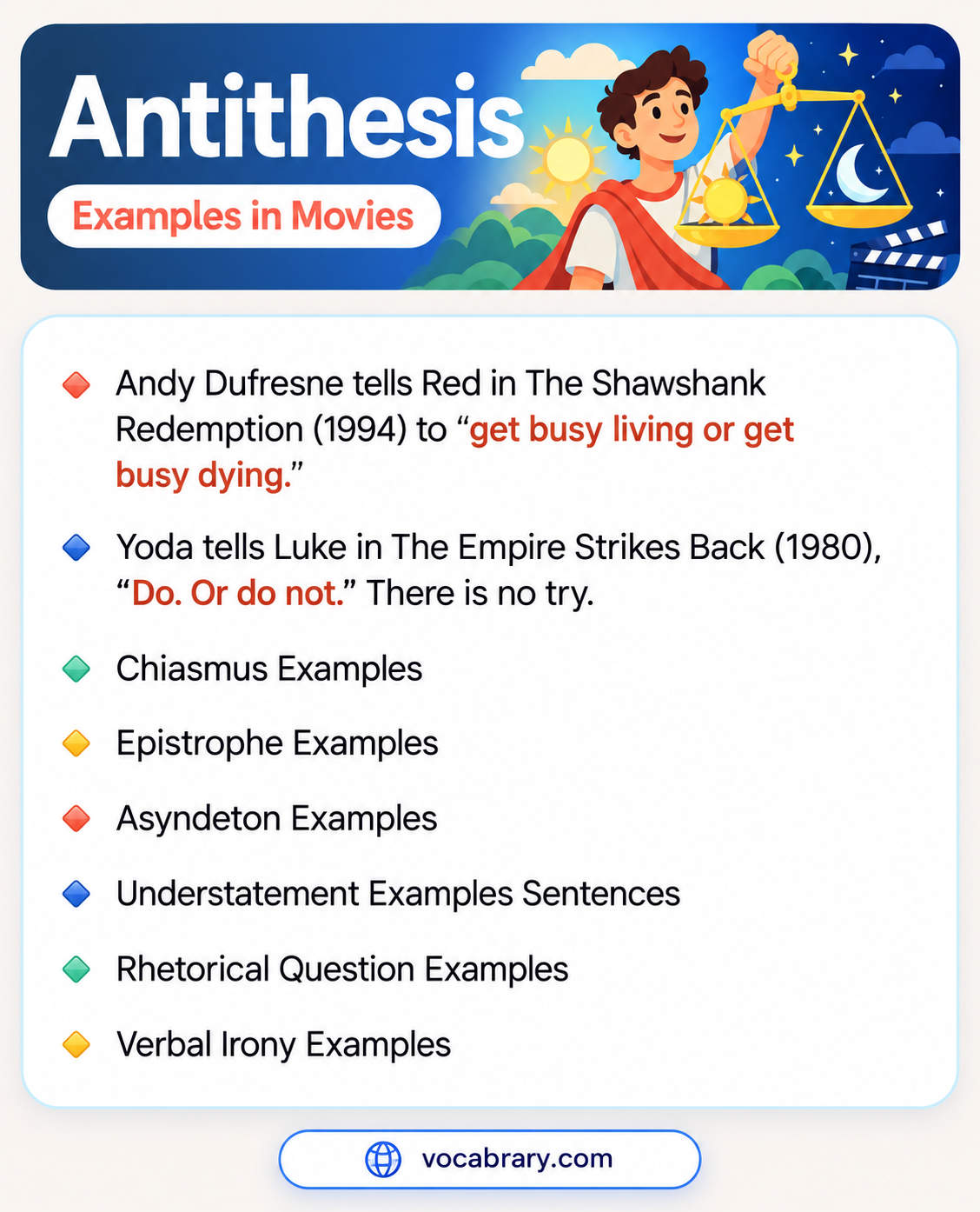 Antithesis Examples in Movies with opposite choices in The Shawshank Redemption and The Empire Strikes Back, such as get busy living or get busy dying