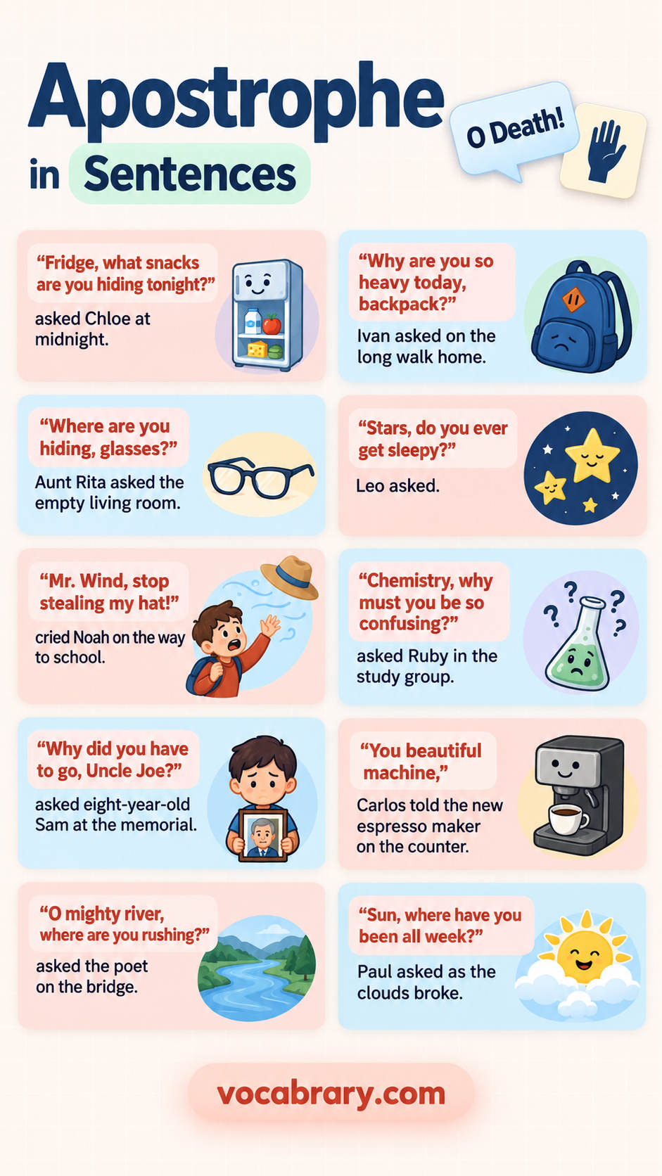 apostrophe figure of speech examples with apostrophe usage in sentences using Why are you so heavy today, backpack?, Where are you hiding,