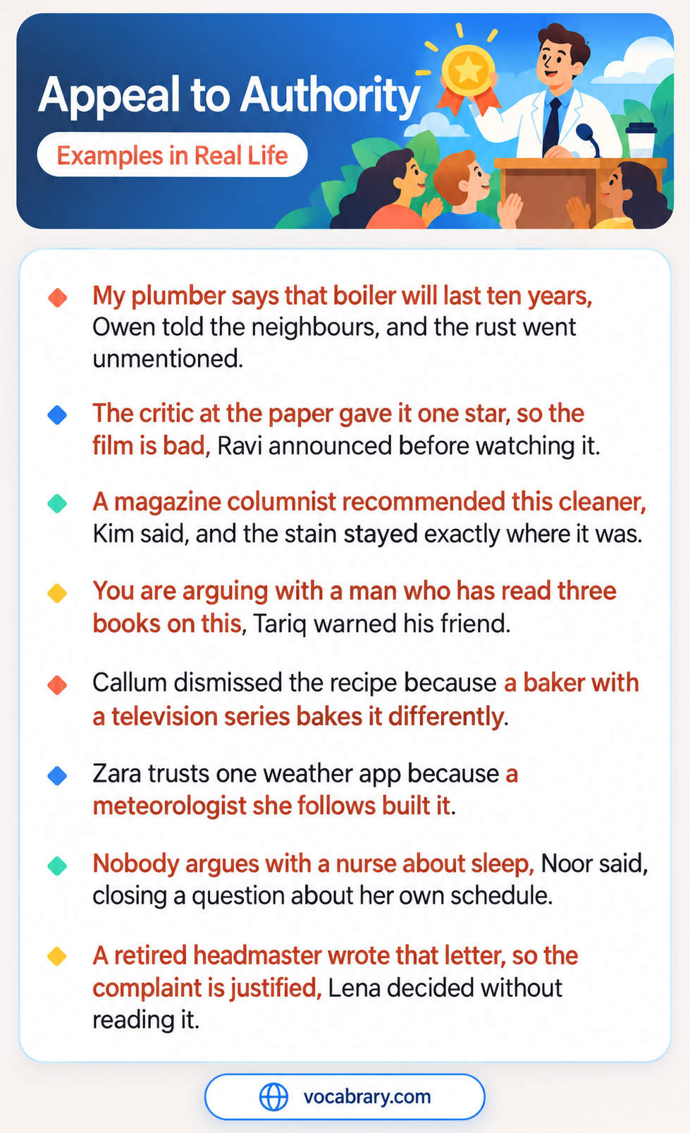 Appeal to Authority Examples in Real Life citing a plumber, a nurse, and a baker as proof, such as a meteorologist built the weather app