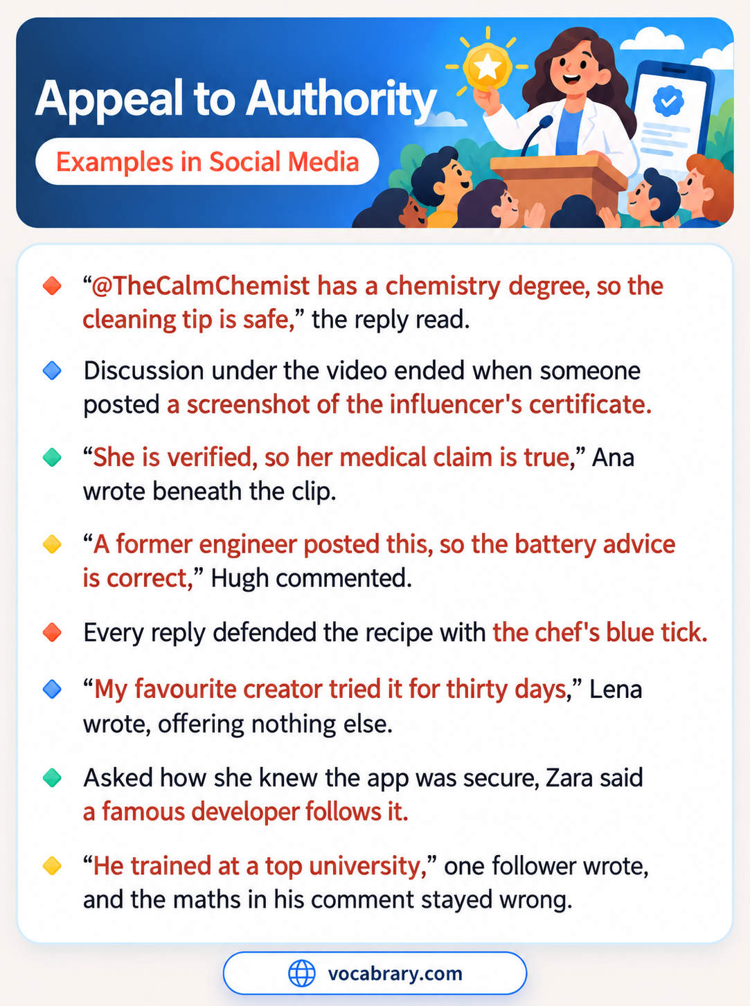 Appeal to Authority Examples in Social Media with blue ticks, certificates, and a chemistry degree as proof for a cleaning tip