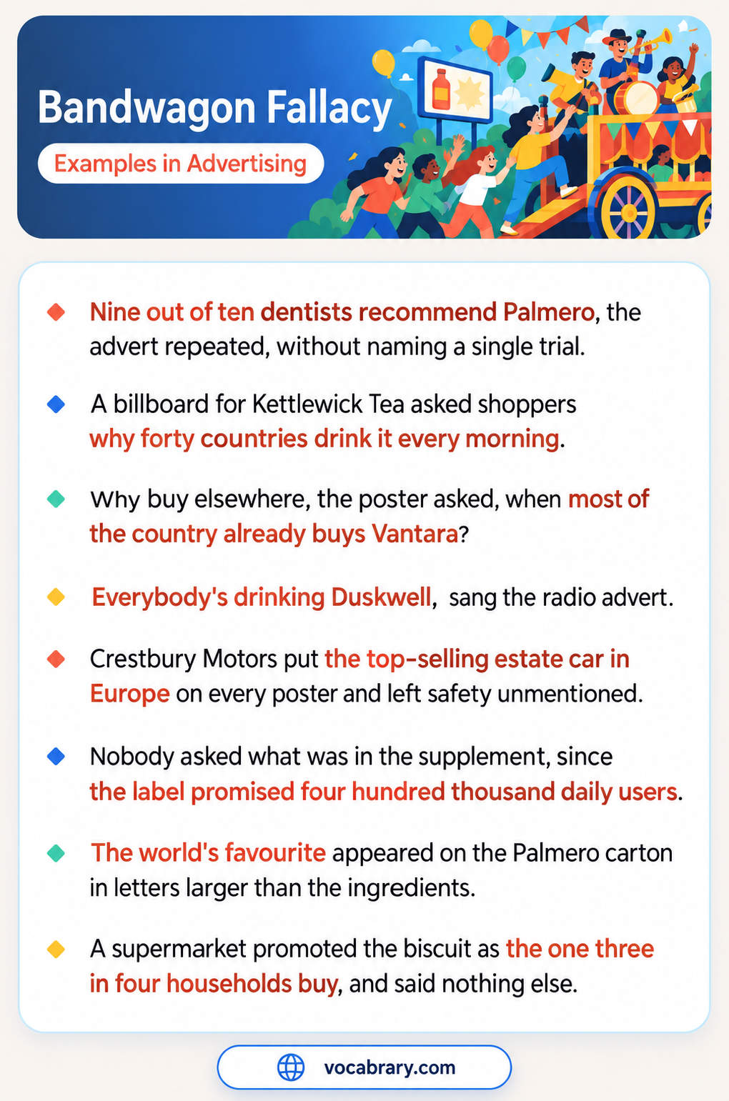 Bandwagon Fallacy Examples in Advertising with Palmero dentists, a Kettlewick Tea billboard, and a radio advert that sang Everybody's drinking Duskwell