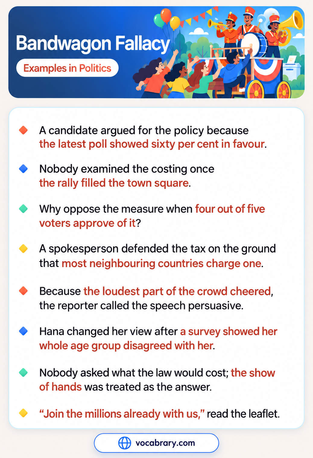 Bandwagon Fallacy Examples in Politics with a leaflet urging readers to join the millions and a rally filling the town square