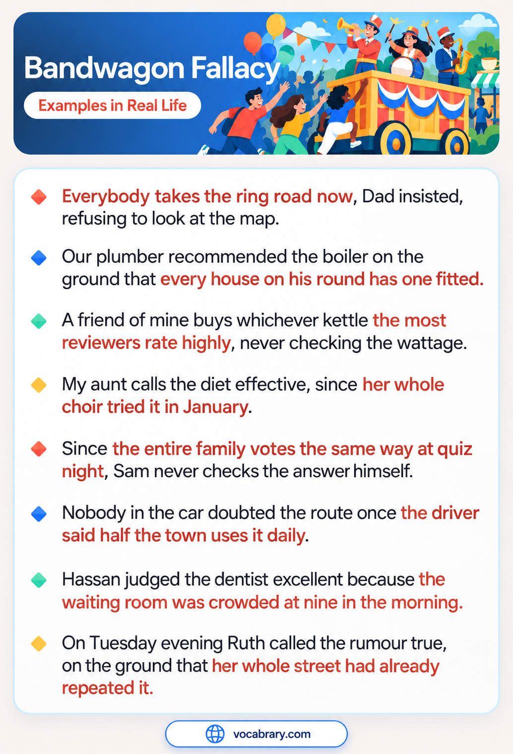 Bandwagon Fallacy Examples in Real Life with Dad taking the ring road because everybody does and an aunt following a diet her choir tried