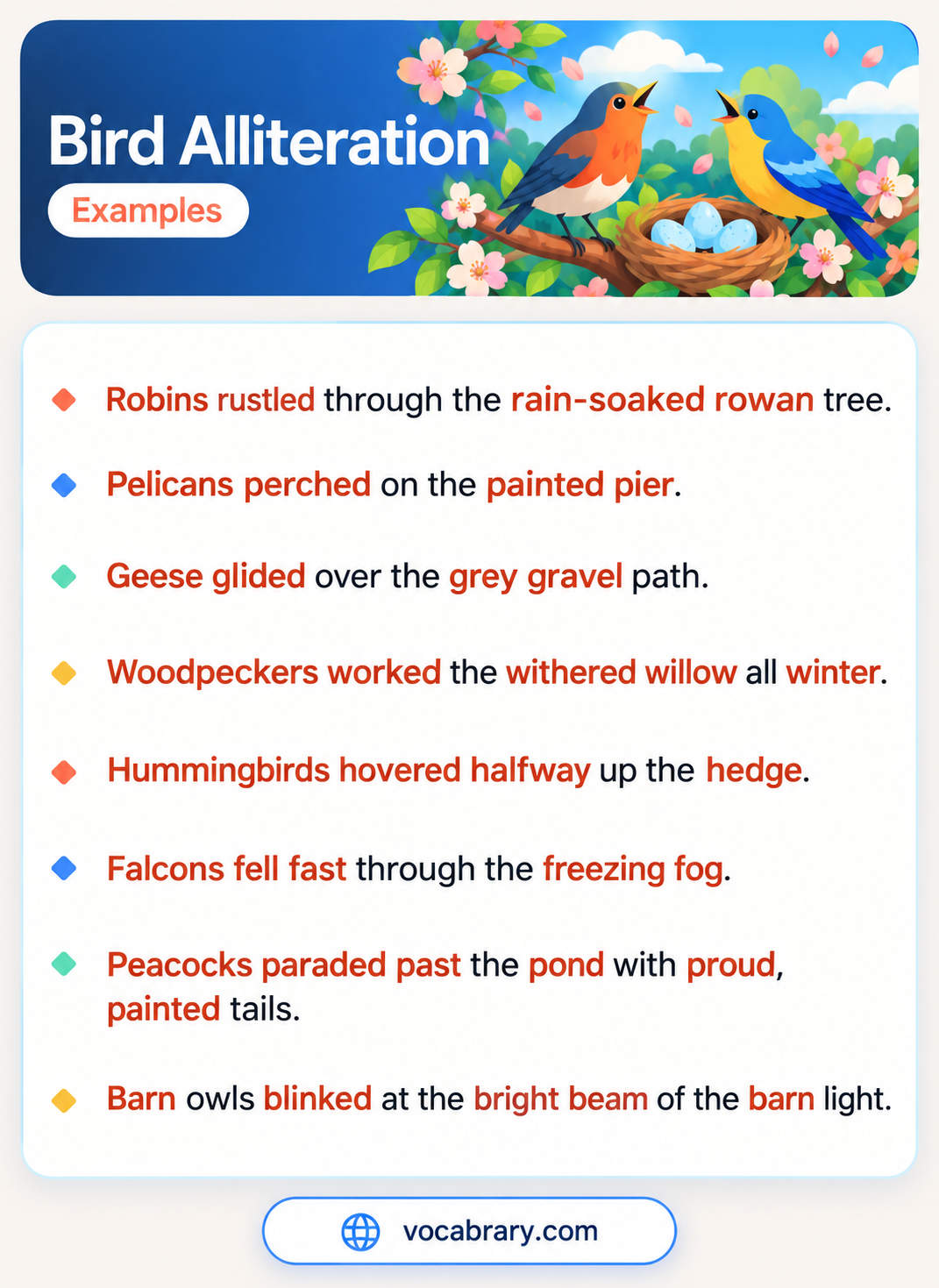 Bird Alliteration Examples with pelicans, falcons, and geese sharing first letters, such as Hummingbirds hovered halfway up the hedge