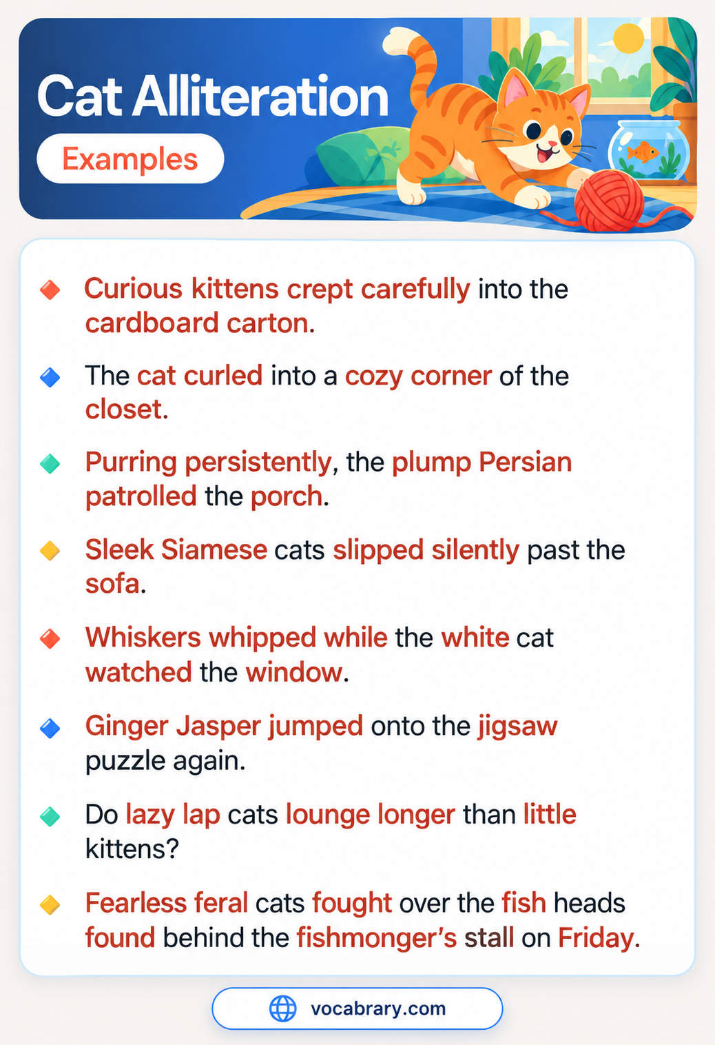Cat Alliteration Examples with kittens, a Persian, and a Siamese, such as Sleek Siamese cats slipped silently past the sofa