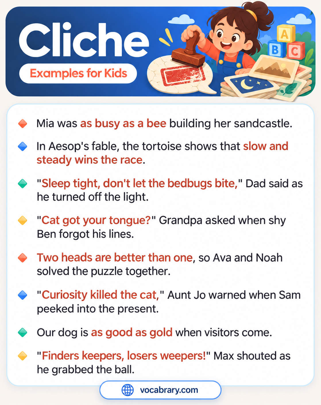 Cliche Examples for Kids with Mia as busy as a bee building a sandcastle and a tortoise winning the race