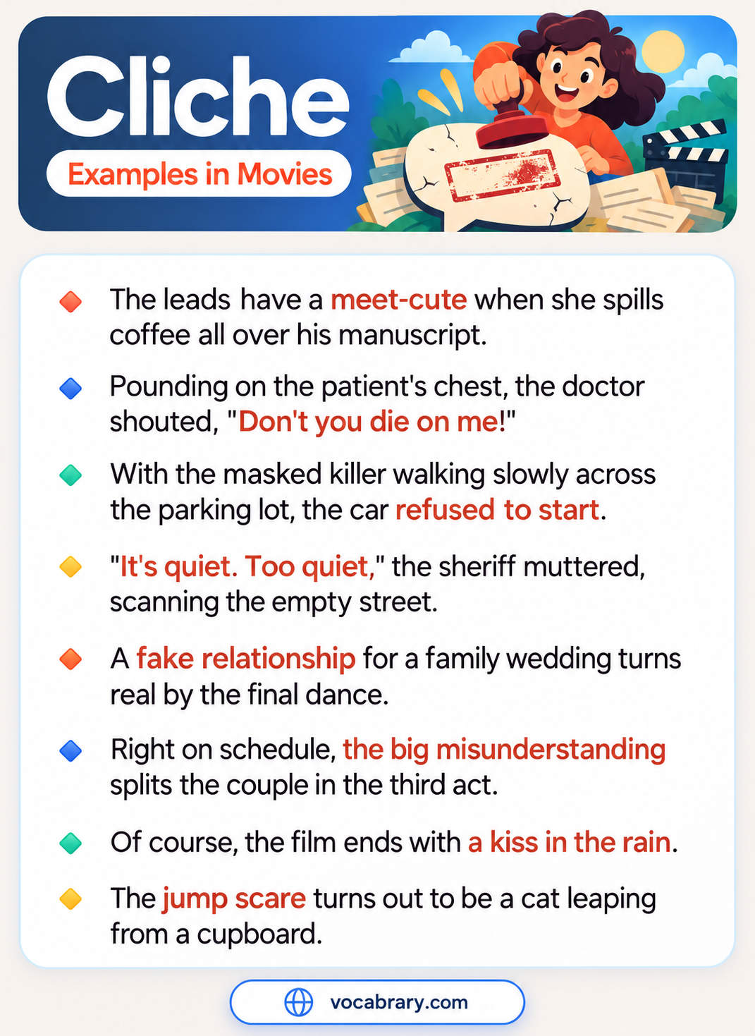 Cliche Examples in Movies with a meet-cute over spilled coffee, a sheriff muttering it's quiet, too quiet, and a closing kiss in the rain