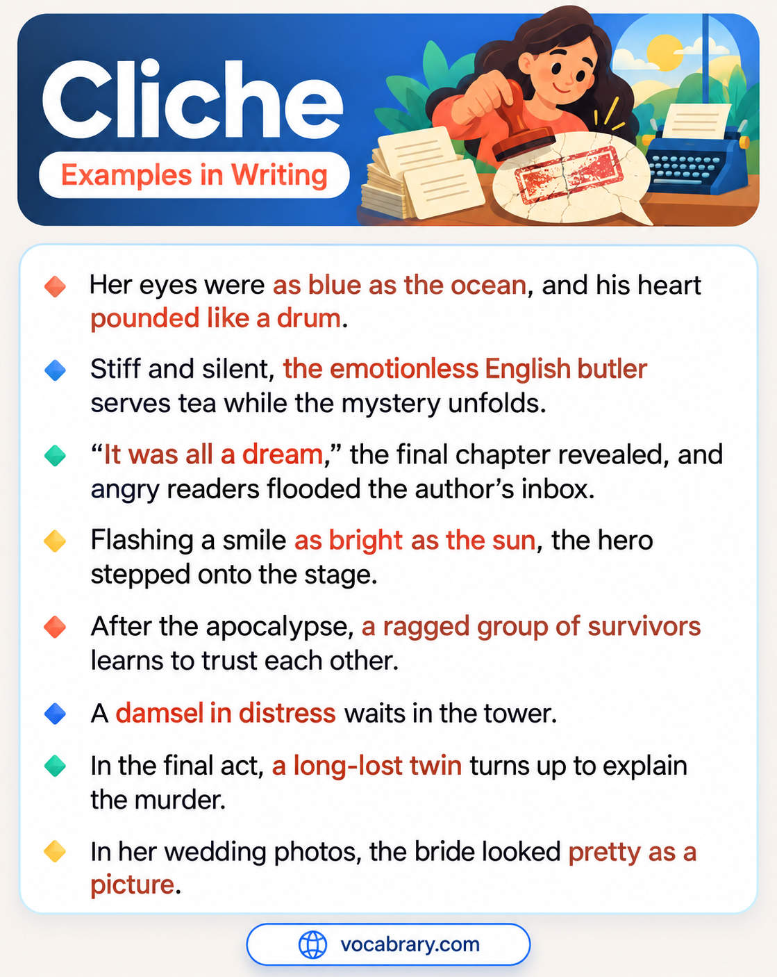 Cliche Examples in Writing with a damsel in distress waiting in a tower and a long-lost twin explaining the murder