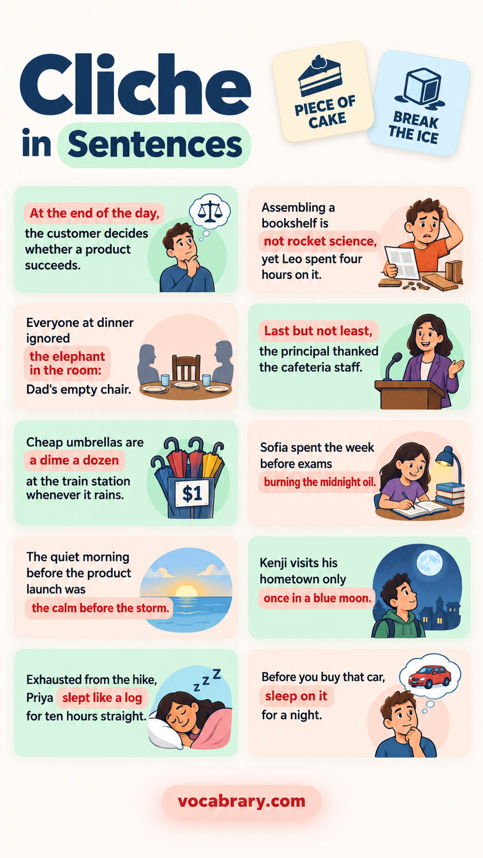 cliche examples sentences showing how to use each cliche with At the end of the day, not rocket science, the elephant in
