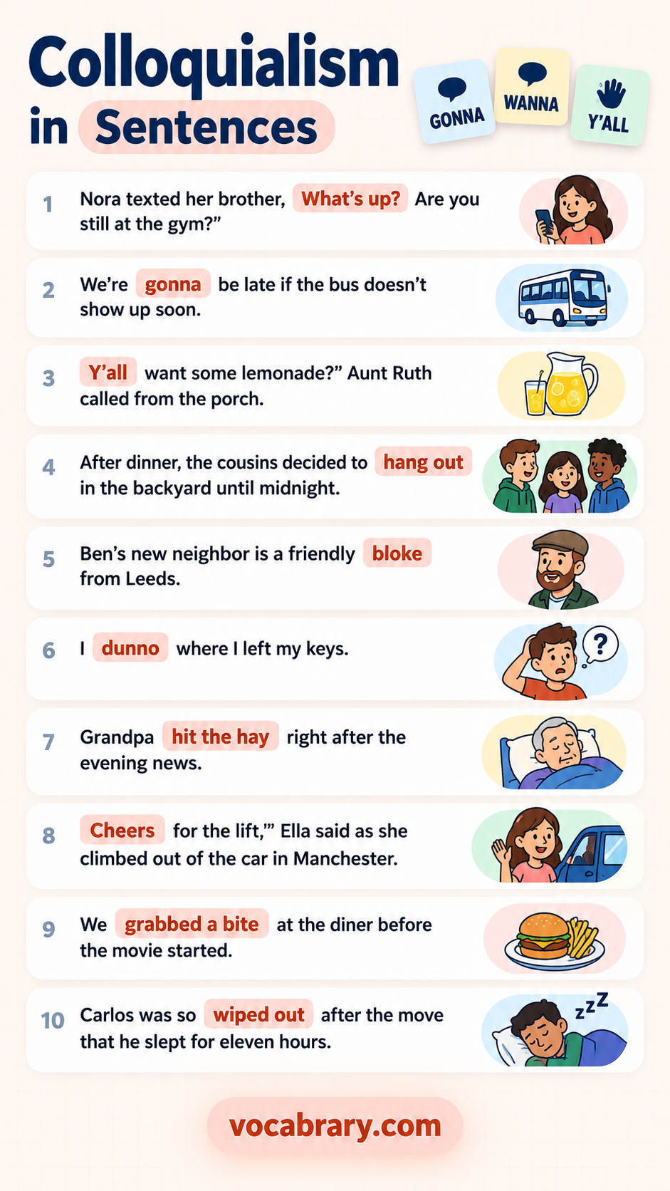 colloquialism examples sentences showing how each colloquial phrase works with What's up, gonna and more