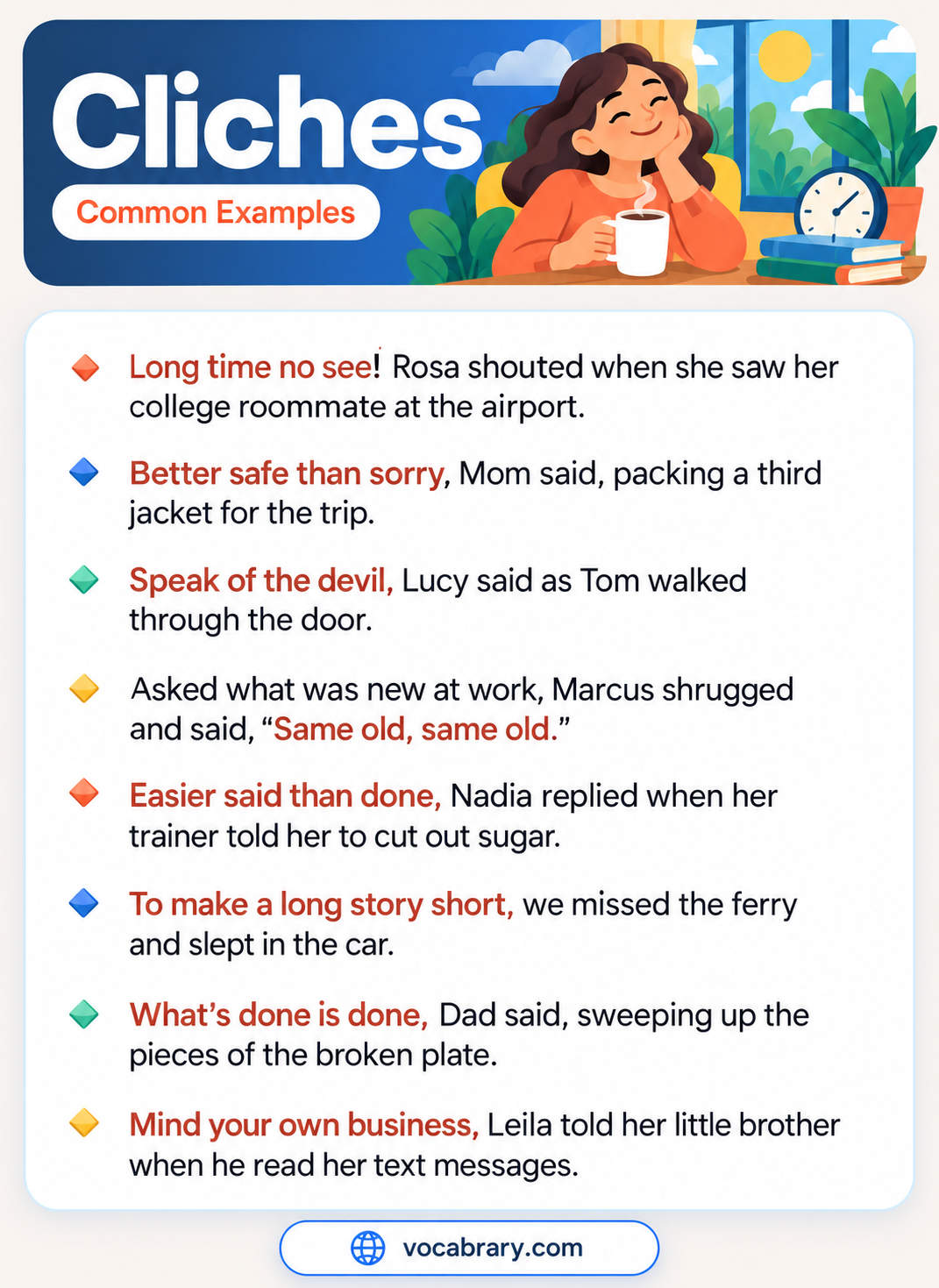 Common Cliches in daily talk, such as better safe than sorry from Mom and speak of the devil from Lucy as Tom walks in