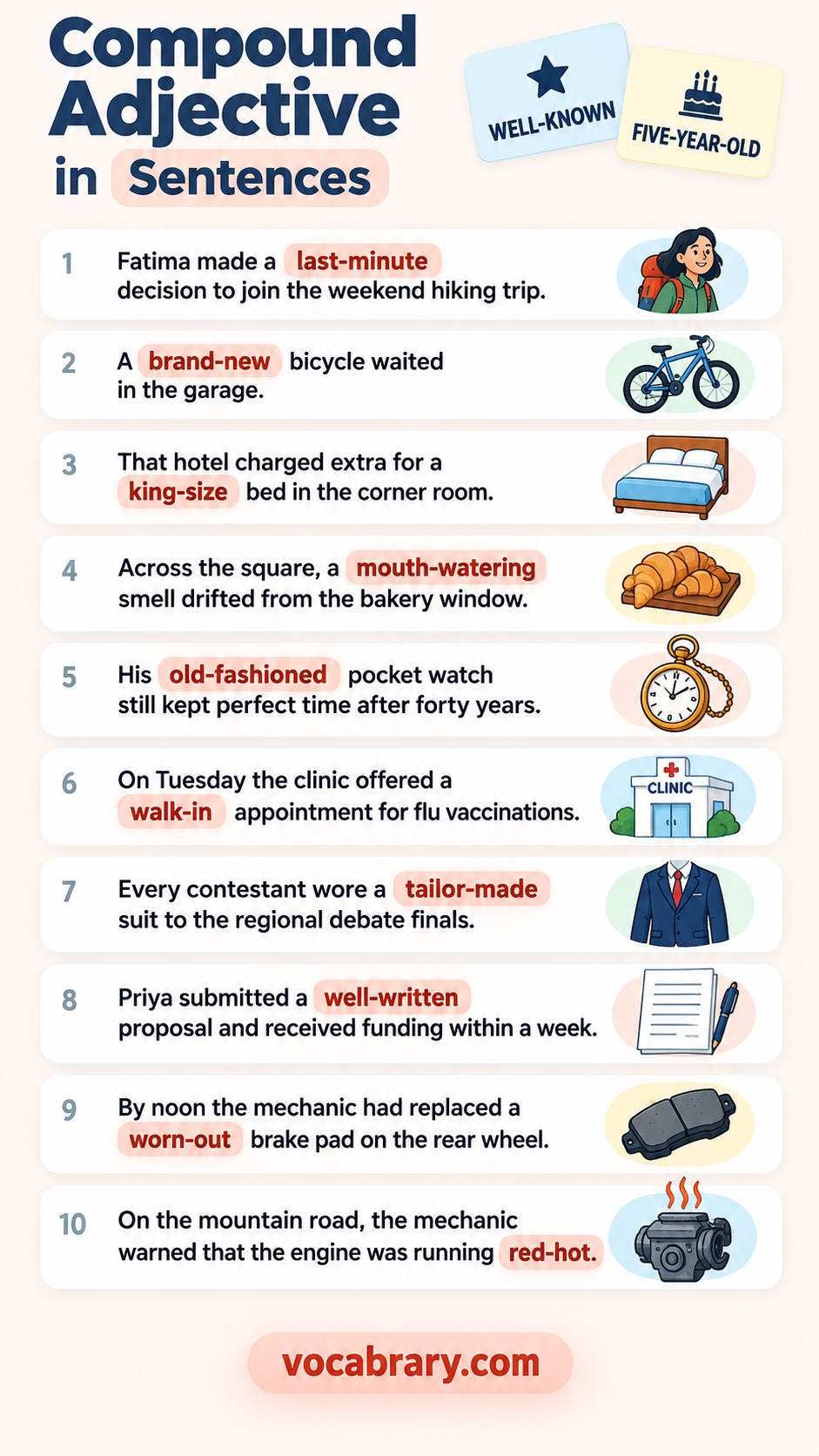 compound adjective example sentences with words like last-minute, brand-new, king-size in real English