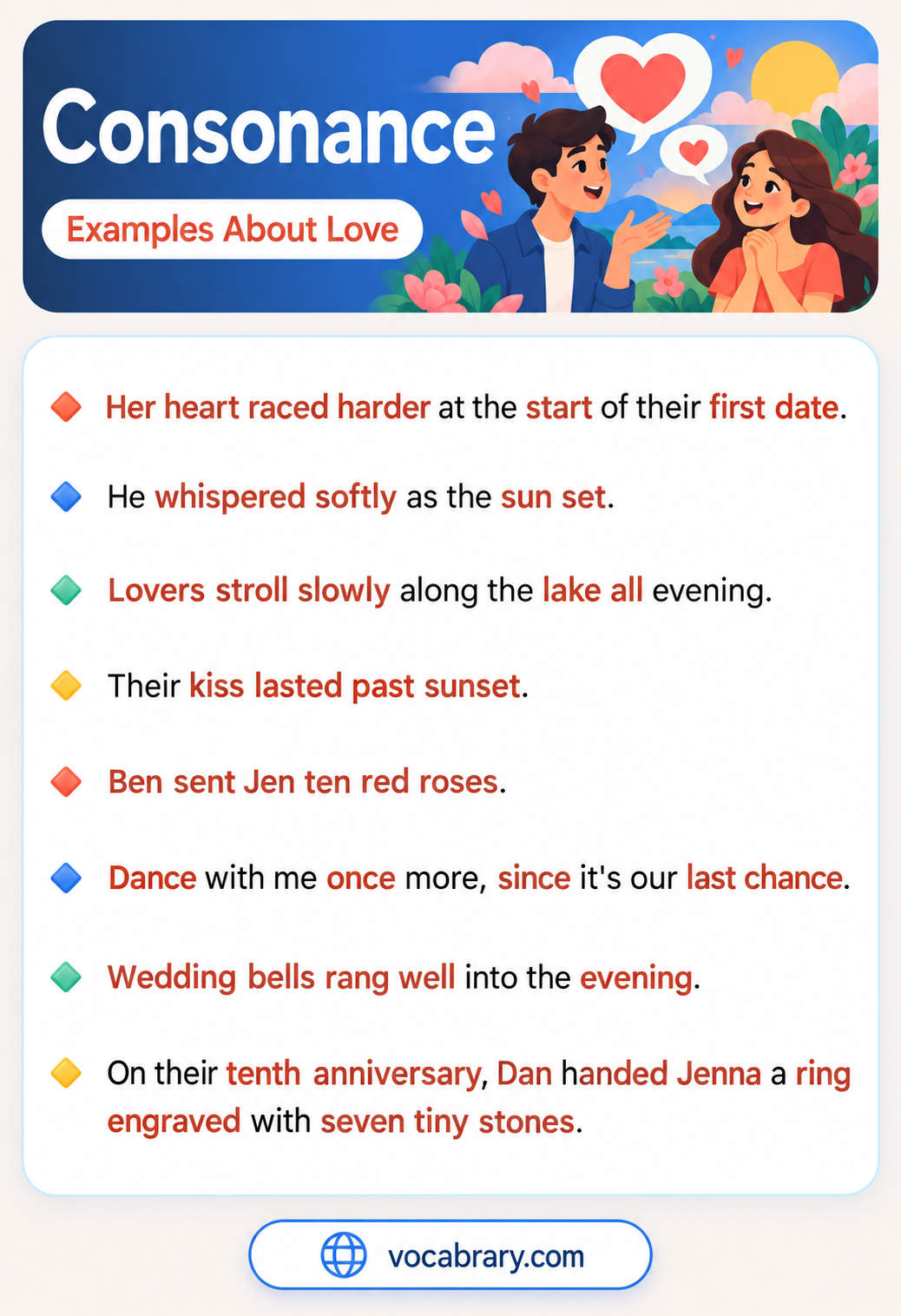 Consonance Examples About Love with repeated s, t, and n sounds in a lake stroll and Ben sent Jen ten red roses