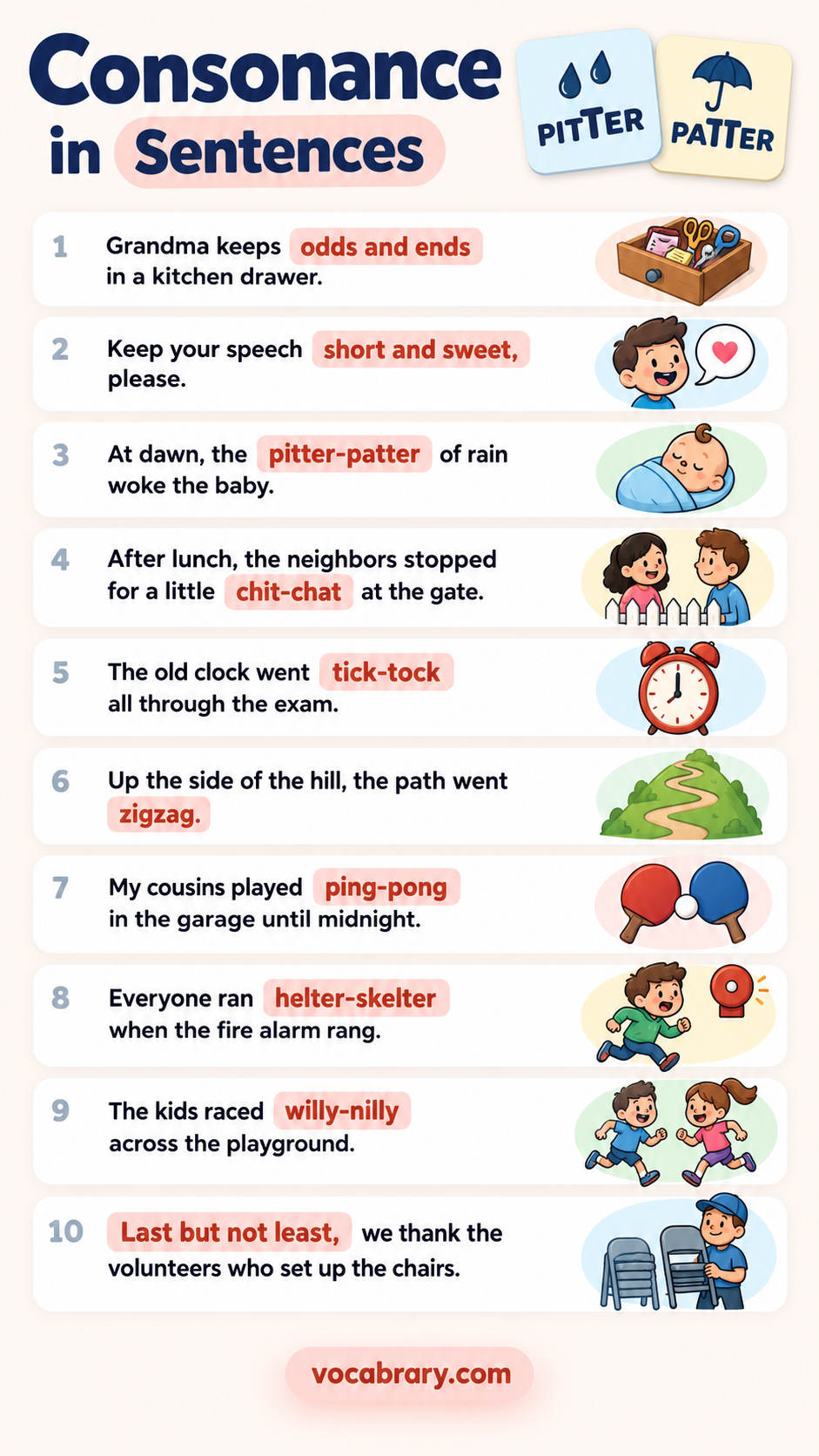 consonance examples sentences in sentences with words like odds and ends, short and sweet, pitter-patter for English learners
