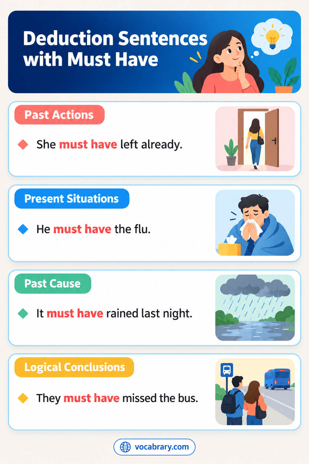 Deduction Sentences with Must Have for evidence and past states, such as She must have been nervous before the interview