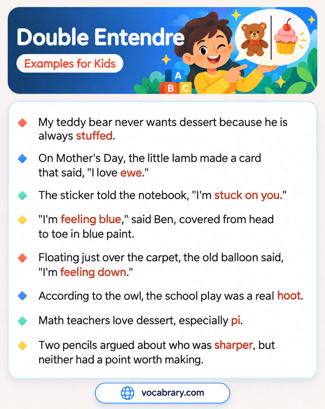 Double Entendre Examples for Kids with wordplay on pi and pie, a hoot from an owl, and a sticker stuck on you