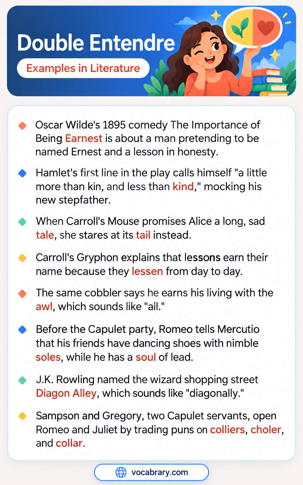 Double Entendre Examples in Literature with homophone puns on tale and tail, soles and soul, and Diagon Alley sounding like diagonally