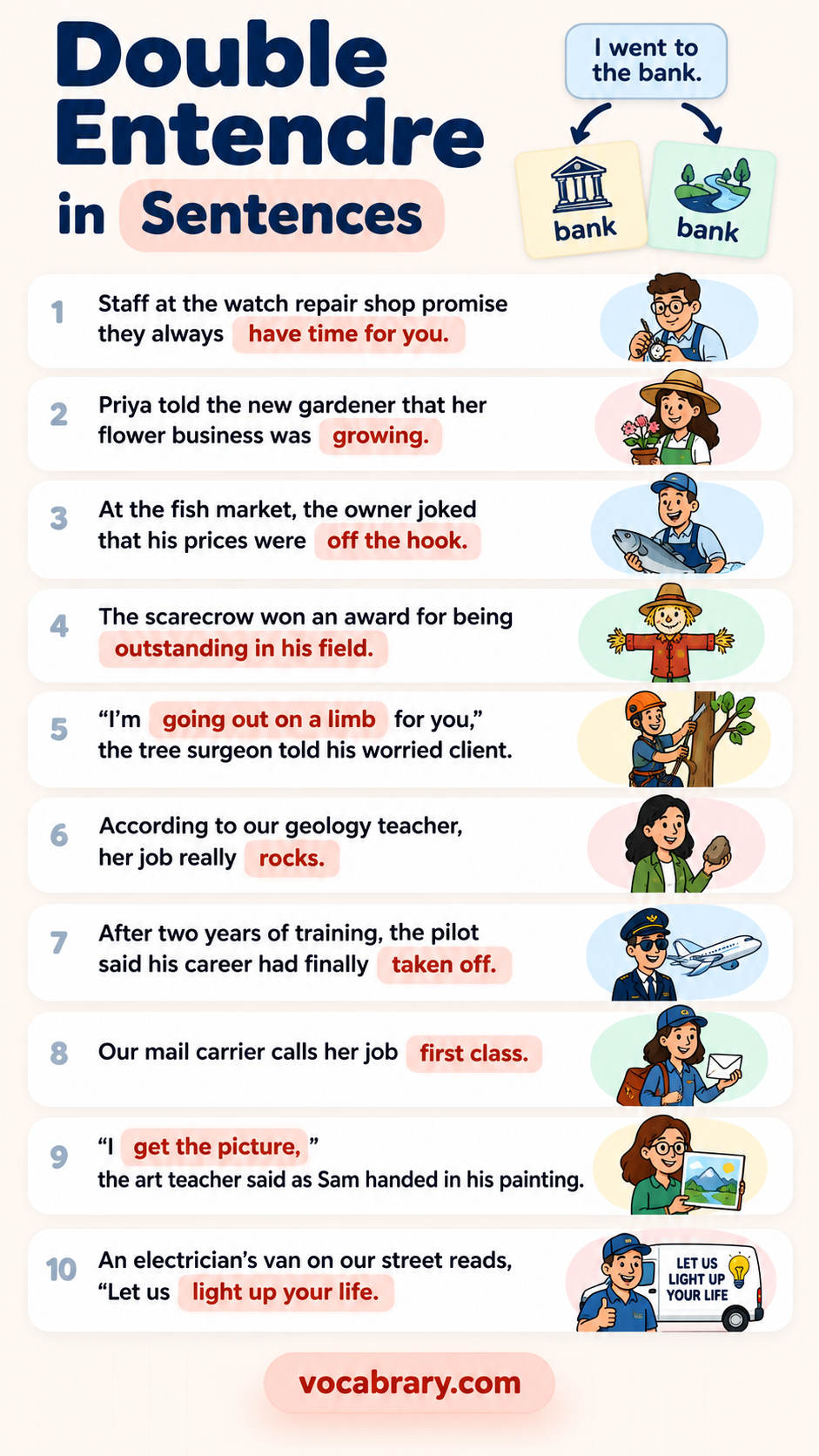 double entendre examples in sentences with words like have time for you, growing, off the hook for English learners