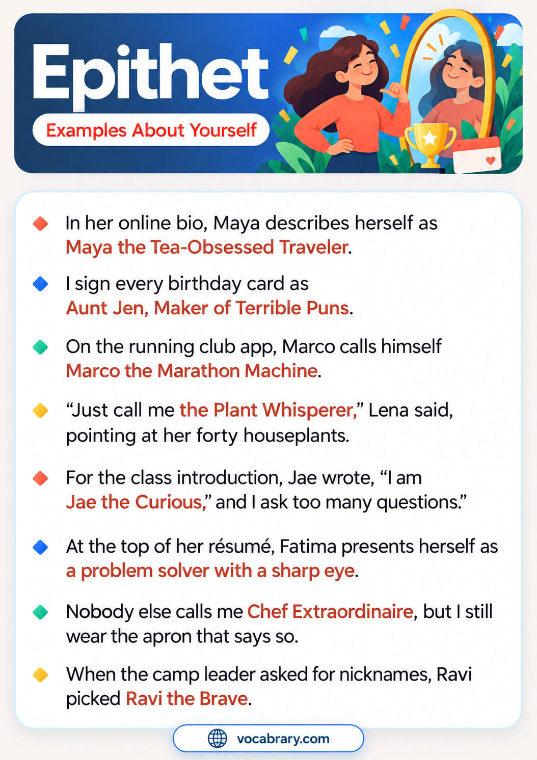 Epithet Examples About Yourself with personal nicknames such as Maya the Tea-Obsessed Traveler, Marco the Marathon Machine, and Ravi the Brave