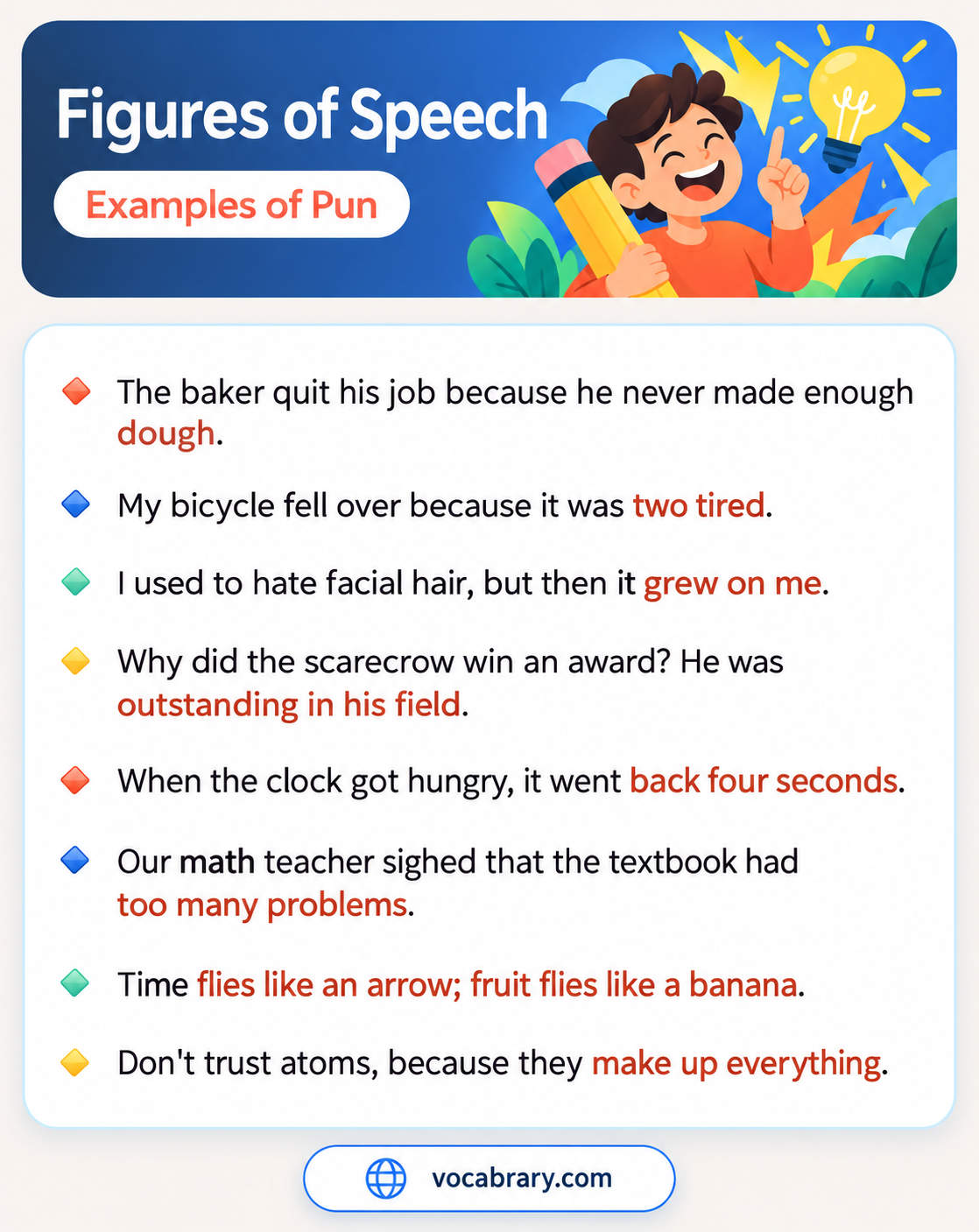 Figures of Speech Examples of Pun with double meanings, such as My bicycle fell over because it was two tired