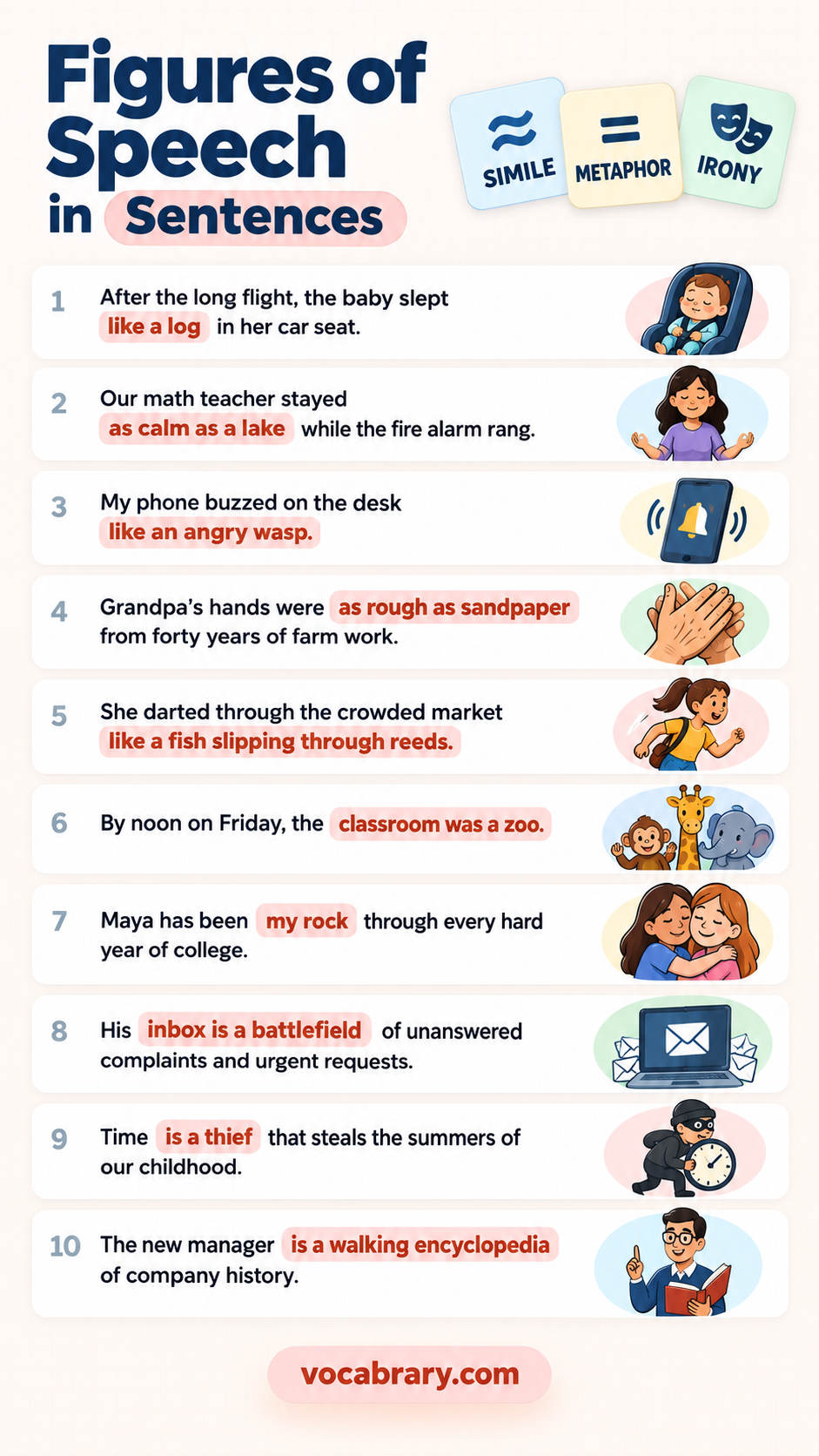 figures of speech with examples showing how each figure of speech works with like a log, as calm as a lake and more