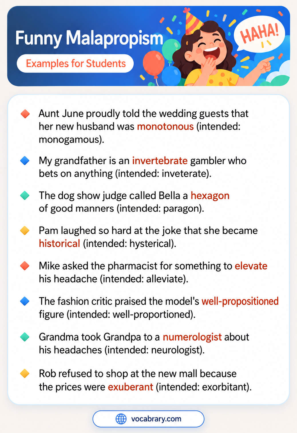 Funny Malapropism Examples for Students with wrong words, such as monotonous for monogamous and exuberant for exorbitant