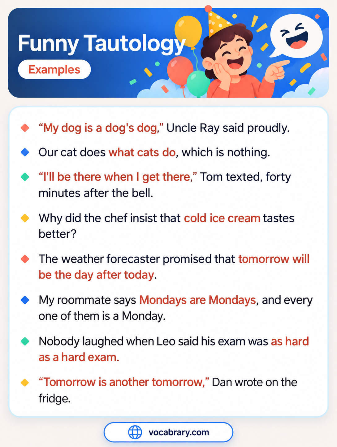 Funny Tautology Examples with pets and weekdays, such as Our cat does what cats do, which is nothing