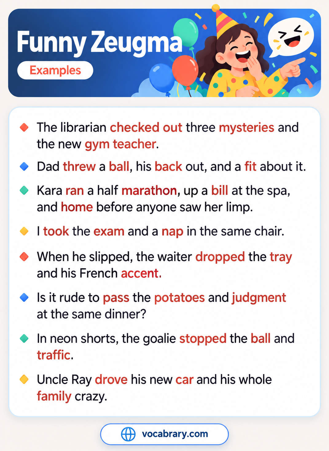 Funny Zeugma Examples with one verb used in two senses, such as Uncle Ray driving a new car and his family crazy