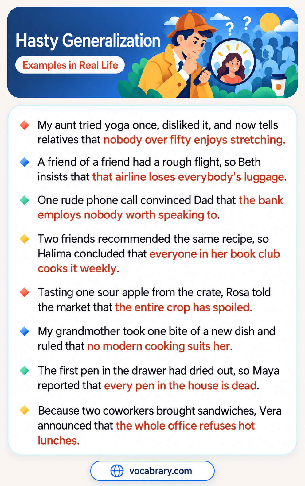 Hasty Generalization Examples in Real Life about banks, flights, and pens, such as one rude phone call convincing Dad about a bank