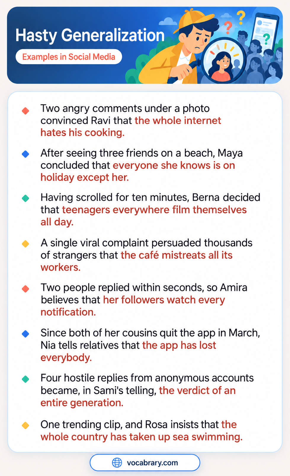 Hasty Generalization Examples in Social Media with comments, replies, and clips, such as two angry comments about Ravi's cooking