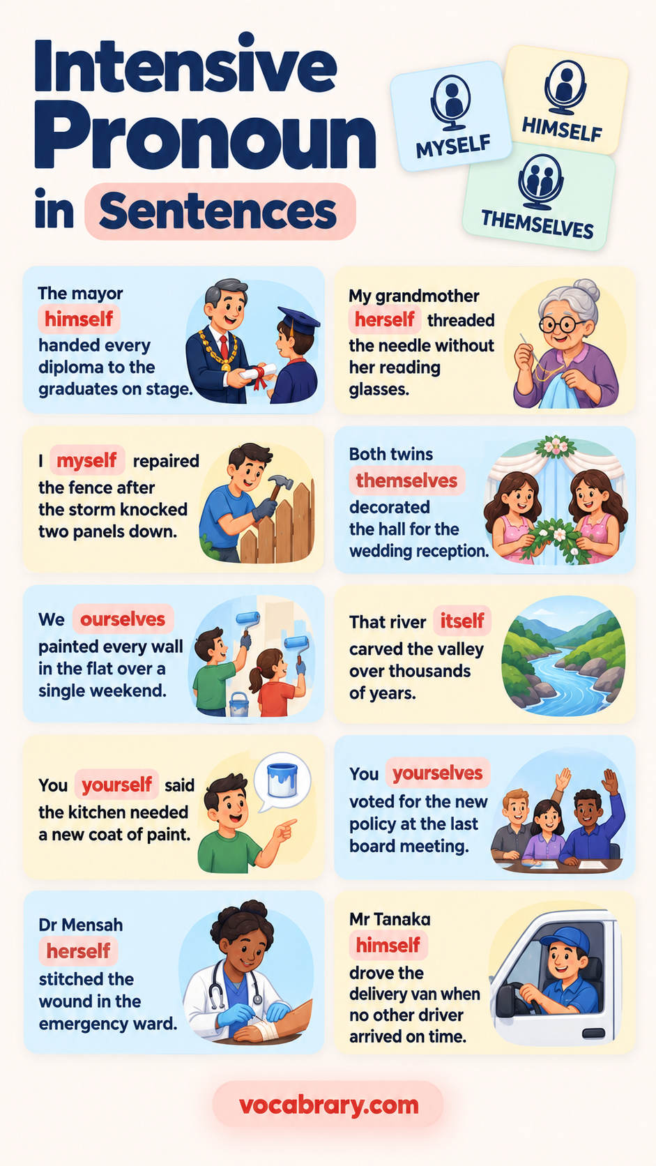 intensive pronoun example sentences featuring intensive pronoun forms such as himself, herself, myself