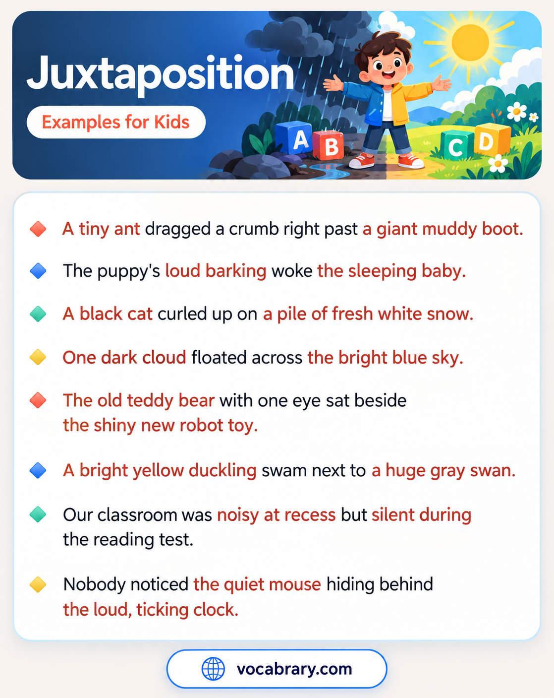 Juxtaposition Examples for Kids with a tiny ant by a giant muddy boot, such as One dark cloud floated across the bright blue sky