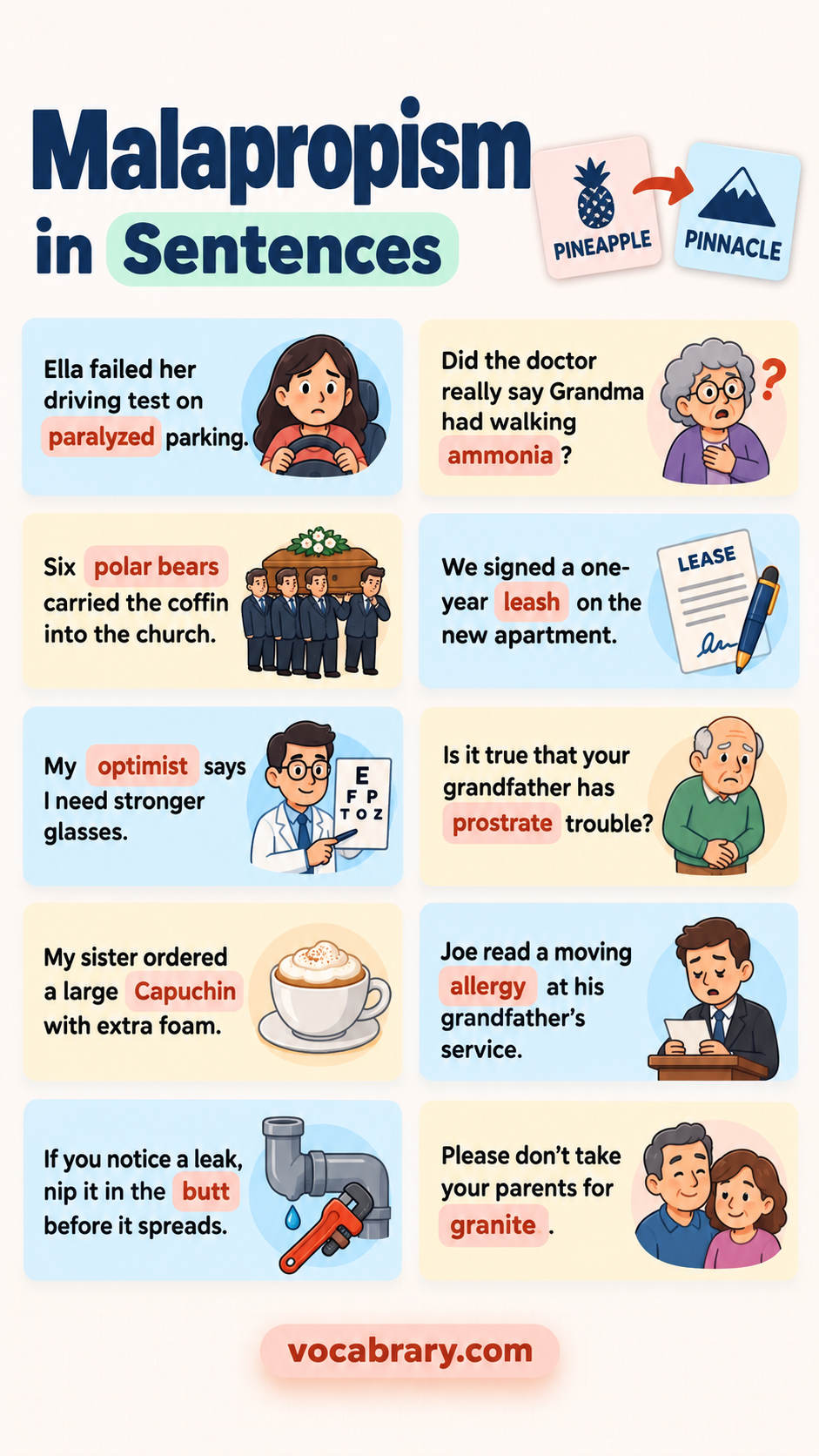 malapropism examples showing how to use each misused word with paralyzed, ammonia, polar bears as examples
