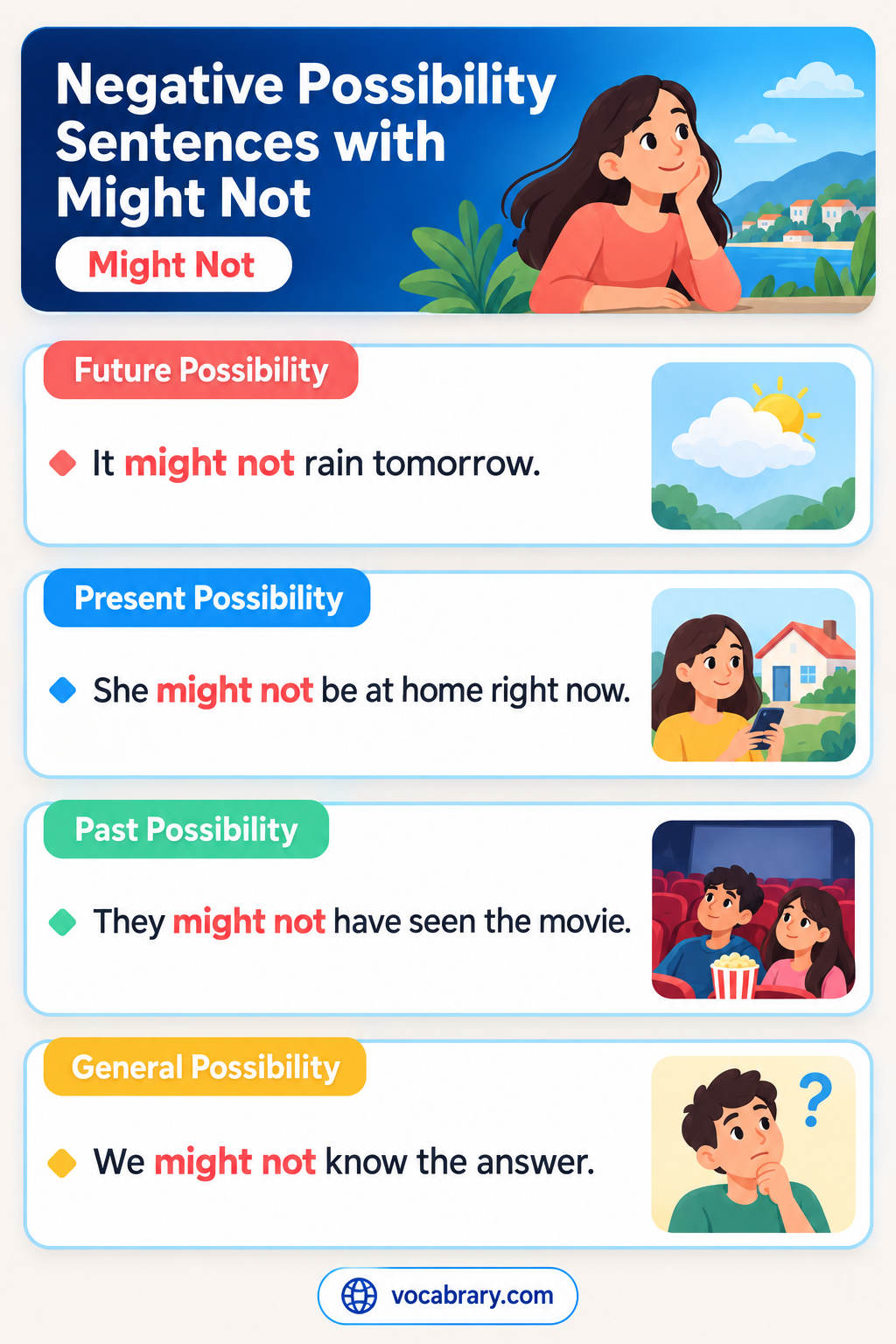 Negative Possibility Sentences with Might Not, such as She might not agree with the plan and The shop might not open until ten
