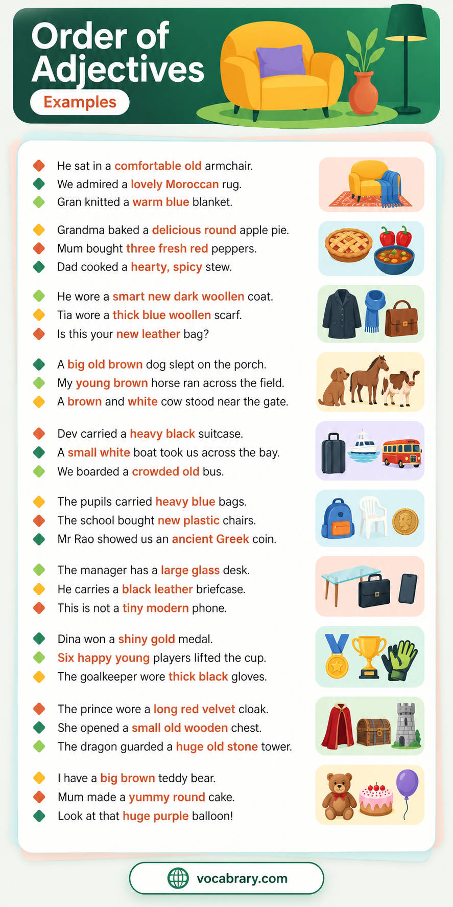 Order of adjectives examples using a comfortable old armchair, a heavy black suitcase and a huge old stone tower.