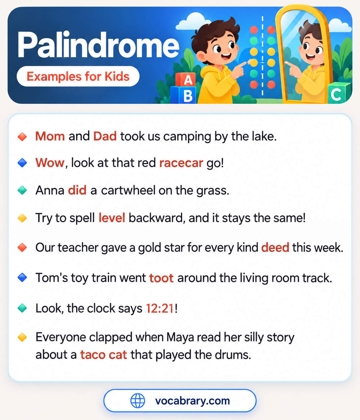 Palindrome Examples for Kids with wow, racecar, level, and Anna, such as Wow, look at that red racecar go!