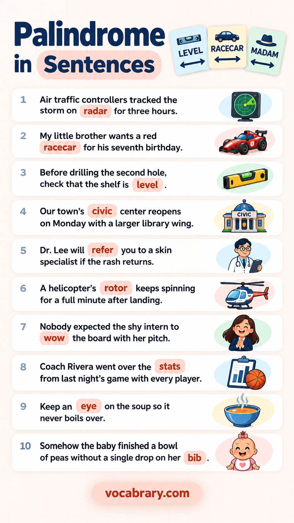 palindrome examples with words like radar, racecar, level in real English