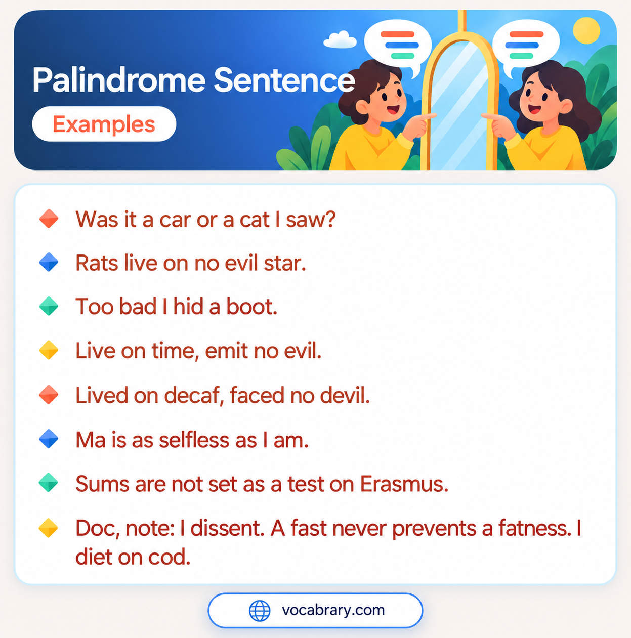 Palindrome Sentence Examples with a car, a cat, a star, and a boot, such as Was it a car or a cat I saw?