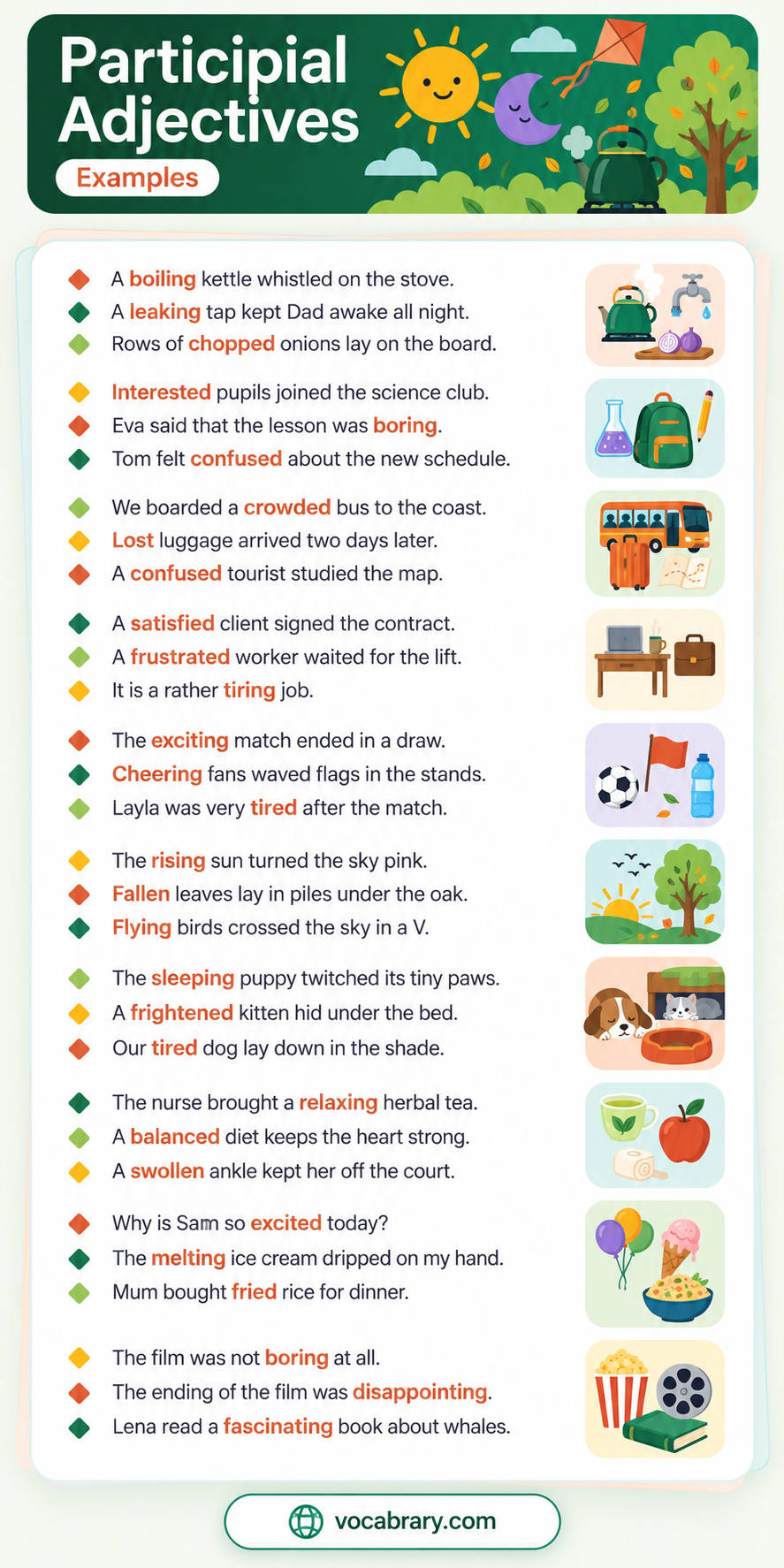 Participial adjective example sentences pairing boiling with a kettle, tired with a dog and fascinating with a book.