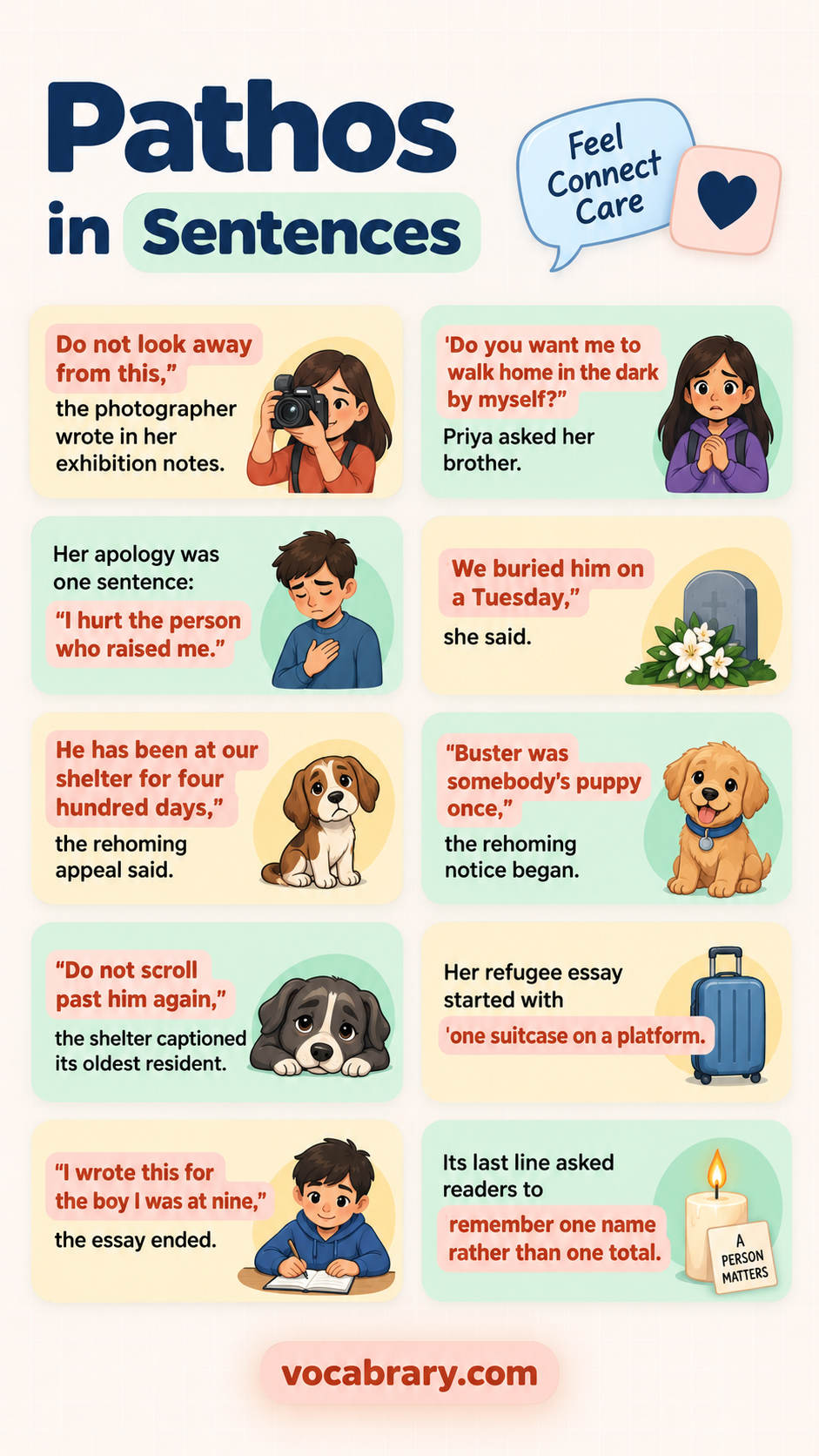 pathos examples sentences showing how to use each emotional appeal with Do not look away from this,, I hurt the person who