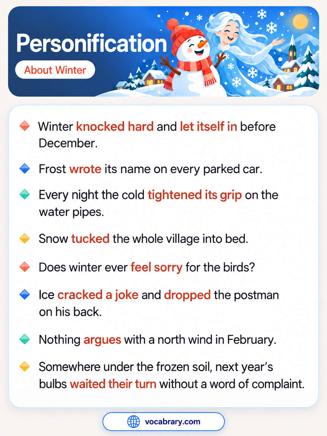 Personification About Winter with frost writing on cars, snow tucking a village into bed, and cold tightening its grip on water pipes